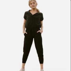 Albion Black Collar Roll Tab Short Sleeve Zipper Jogger Jumpsuit Women Size S